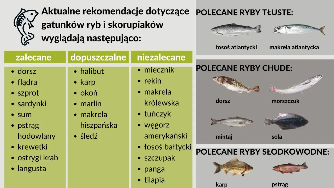 Zalecane, dopuszczalne i niezalecane nazwy ryb alfabetycznie. Tłuste, chude i słodkowodne ryby polecane do spożycia.