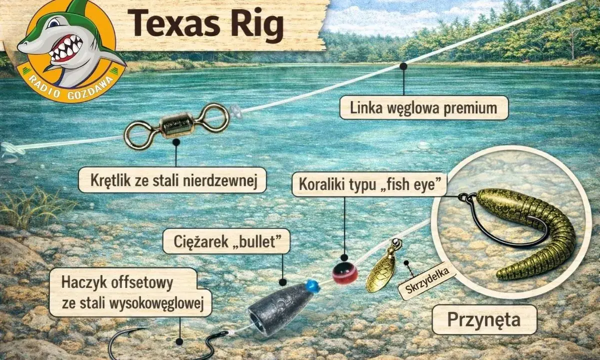 Ilustracja schematyczna zestawu Texas Rig z przynętą, haczykiem, ciężarkiem i krętlikiem.