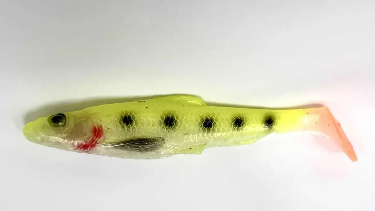 Fluorescencyjne pieczywo na ryby, imitujące ukleję, z czarnymi kropkami i pomarańczowym ogonkiem.