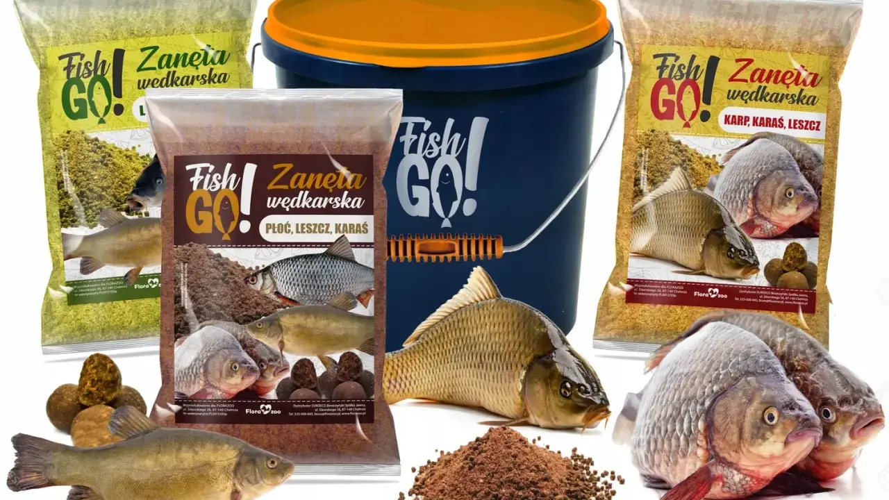 Zestaw zanęty wędkarskiej Fish Go! z różnymi rodzajami ryb i wiaderkiem.