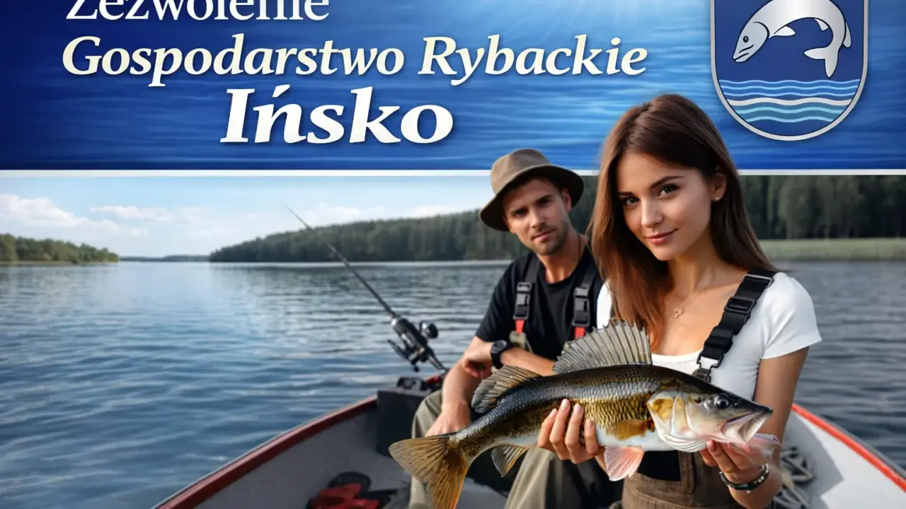 Para łowi ryby na jeziorze. Kobieta trzyma złowionego sandacza. Zezwolenie na połów można uzyskać przez internet.