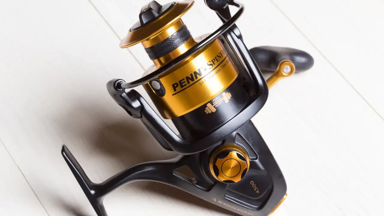 Czarny kołowrotek spinningowy Penn Spinfisher V 4500 ze złotymi akcentami, idealny do plecionki.