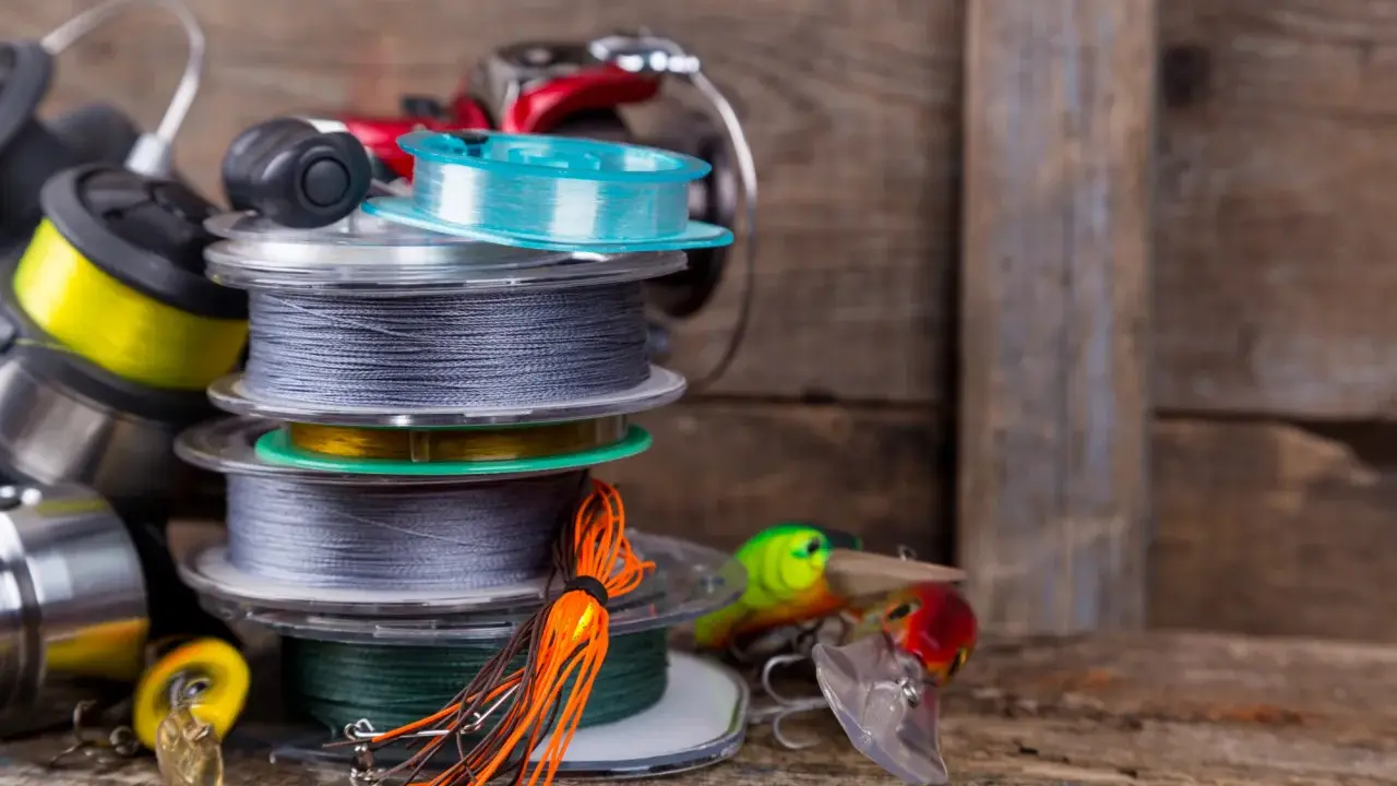 Stos szpul z żyłką i plecionką na spinning, obok kolorowe przynęty. Wybór między żyłką czy plecionką na spinning zależy od łowiska.