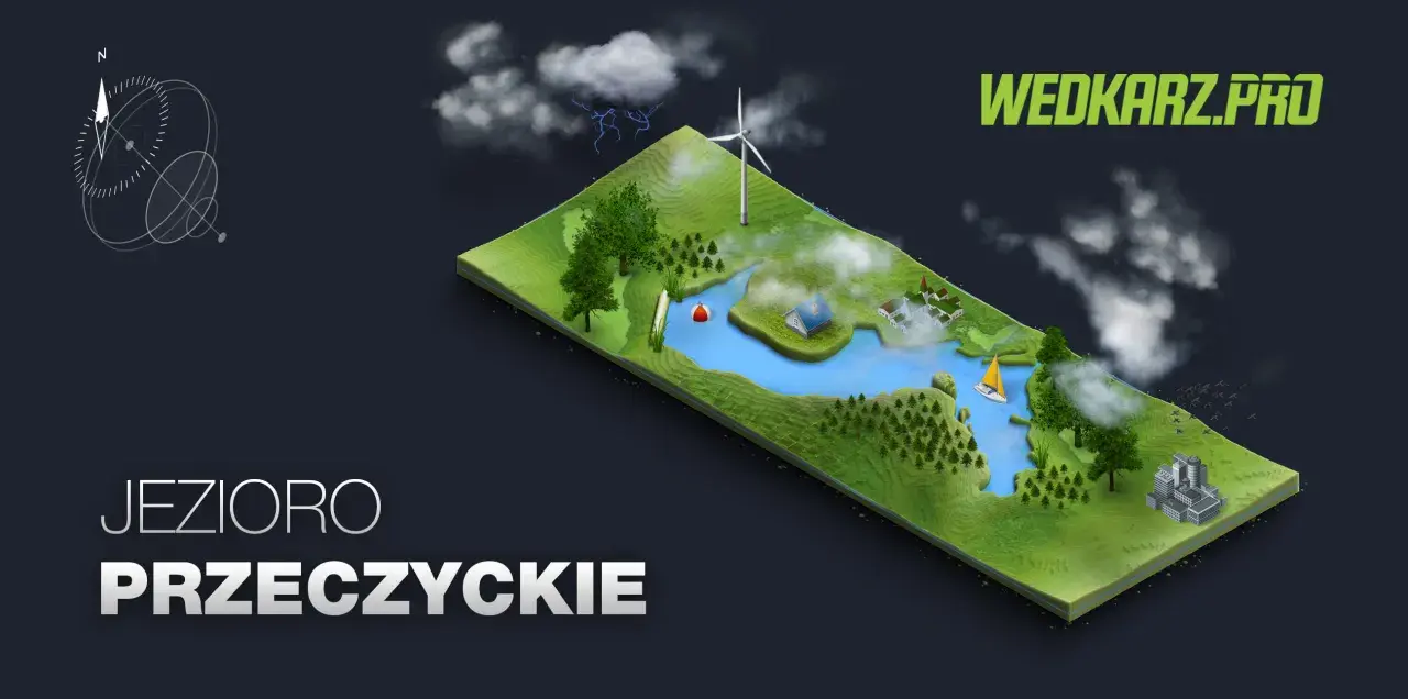 Wizualizacja jeziora Przeczyckiego z domkami, żaglówką, wiatrakiem i budynkami. W tle burzowe chmury.