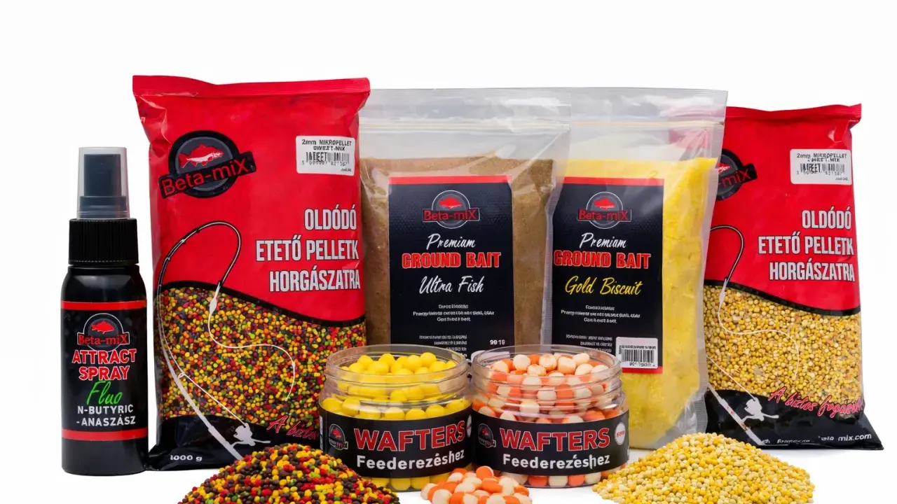 Zestaw zanęt Dynamite Baits: pellet, ground bait, spray i waftersy. Idealne do połowu ryb.