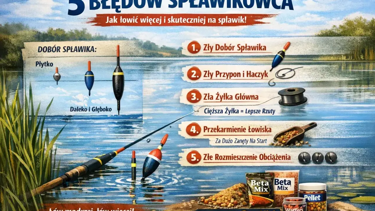 Jaki spławik na jezioro? Ilustracja pokazuje 5 błędów w wędkarstwie spławikowym, od wyboru spławika po rozmieszczenie obciążenia.