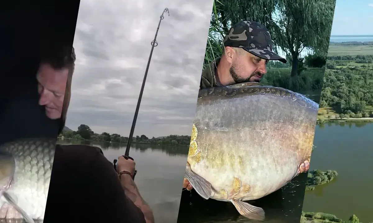 Wędkarz z potężnym karpiem, widok na jezioro i las. Sprawdź euro aqua cennik dla najlepszych wędkarskich przygód.