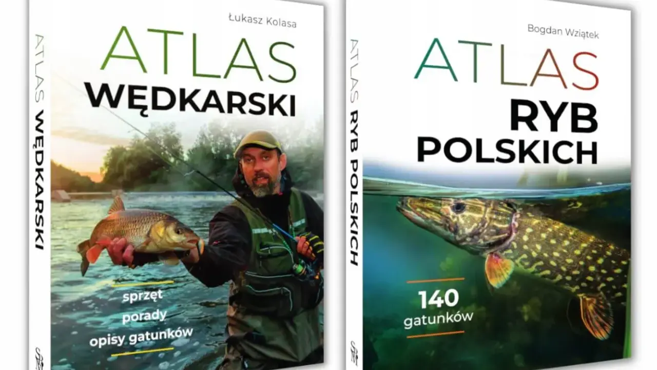 Dwie okładki atlasów wędkarskich: "Atlas Wędkarski" z wędkarzem i rybą oraz "Atlas Ryb Polskich" z pięknym szczupakiem, prezentujące różne rodzaje ryb.