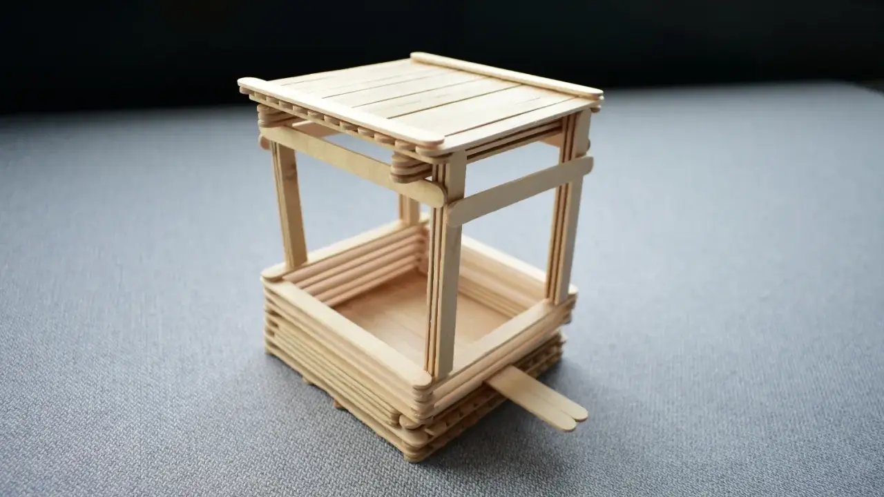 Miniaturowy karmnik dla ryb na staw, wykonany z patyczków. Prosty pomysł, jak zrobić karmnik dla ryb na staw.