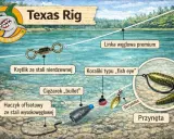 Ilustracja schematyczna zestawu Texas Rig z przynętą, haczykiem, ciężarkiem i krętlikiem.