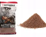 Zanęty Germina opinie: worek zanęty Max Fishmeal Brown i stożek brązowej zanęty na białym tle.