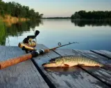 Szczupak na desce, obok kołowrotek i wędka na spinning. Idealny zestaw na spokojny poranek nad wodą.