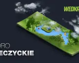 Wizualizacja jeziora Przeczyckiego z domkami, żaglówką, wiatrakiem i budynkami. W tle burzowe chmury.