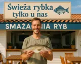 Uśmiechnięty mężczyzna trzyma świeżą rybę przed smażalnią. To idealny sezon na ryby bałtyckie!