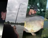 Wędkarz z potężnym karpiem, widok na jezioro i las. Sprawdź euro aqua cennik dla najlepszych wędkarskich przygód.
