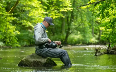 Wędkarz siedzi na kamieniu w rzece, przygotowując sprzęt. Upewnij się, że masz kartę wędkarską, by uniknąć mandatu.
