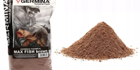 Zanęty Germina opinie: worek zanęty Max Fishmeal Brown i stożek brązowej zanęty na białym tle.