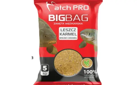 Opakowanie zanęt wędkarskich 5kg Match PRO BIGBAG o smaku karmelowym, z wizerunkiem karpia i leszcza.