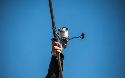 Ręka trzyma wędkę, na której znajduje się kołowrotek z nawiniętą żyłką.