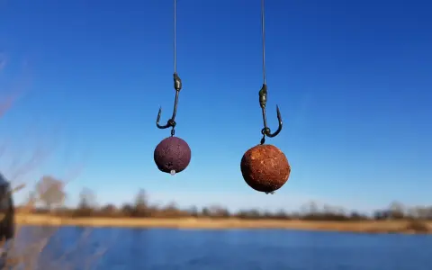 Dwa haczyki wędkarskie z kulkami proteinowymi na tle błękitnego nieba i wody.