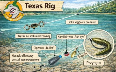 Ilustracja schematyczna zestawu Texas Rig z przynętą, haczykiem, ciężarkiem i krętlikiem.