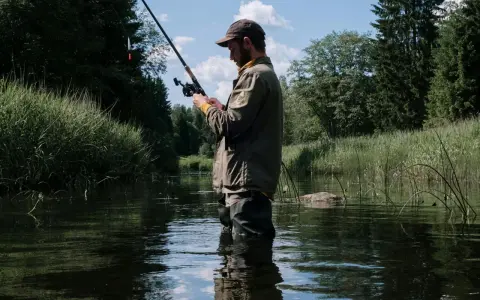 Wędkarz w wodzie, z wędką w ręku, czeka na branie w spokojnym jeziorze rokola. Otaczają go bujna zieleń i błękitne niebo.