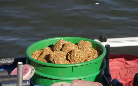 Zielona miska z kulkami zanęty na ryby na tle wody.