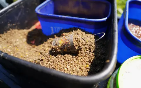Przezroczysty koszyczek z zanętą feeder bait w czarnym wiadrze, gotowy do łowienia.
