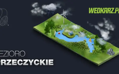 Wizualizacja jeziora Przeczyckiego z domkami, żaglówką, wiatrakiem i budynkami. W tle burzowe chmury.