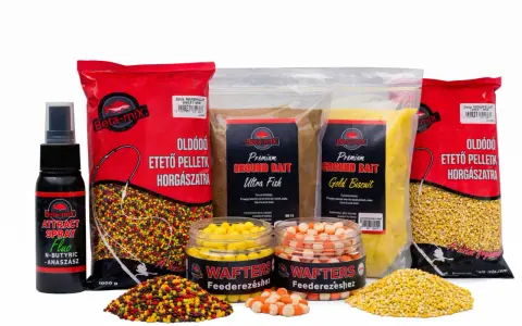 Zestaw zanęt Dynamite Baits: pellet, ground bait, spray i waftersy. Idealne do połowu ryb.