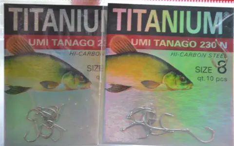 Dwa opakowania haczyków wędkarskich Titanium Umi Tanago 230N, rozmiar 8, po 10 sztuk. Idealny haczyk na lina.