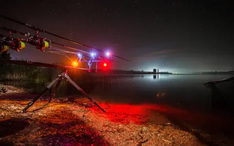 Nocne łowienie karpi. Wędki na podpórce z sygnalizatorami brań, jezioro i gwiazdy. To jak zrobić świetlik na ryby.