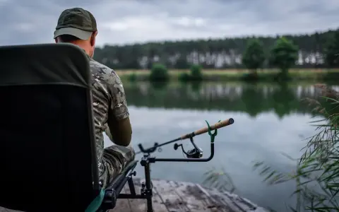 Wędkarz w kamuflażu czeka nad jeziorem. Czy to odpowiednia wędka do metody?