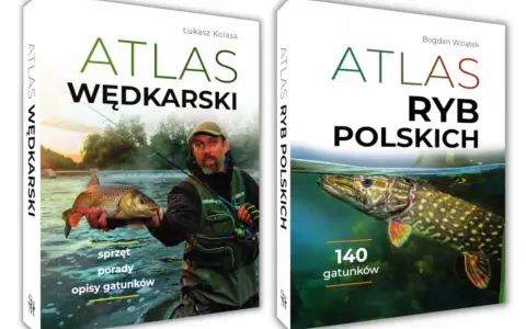 Dwie okładki atlasów wędkarskich: "Atlas Wędkarski" z wędkarzem i rybą oraz "Atlas Ryb Polskich" z pięknym szczupakiem, prezentujące różne rodzaje ryb.