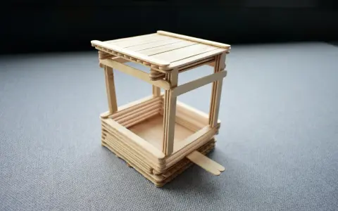 Miniaturowy karmnik dla ryb na staw, wykonany z patyczków. Prosty pomysł, jak zrobić karmnik dla ryb na staw.