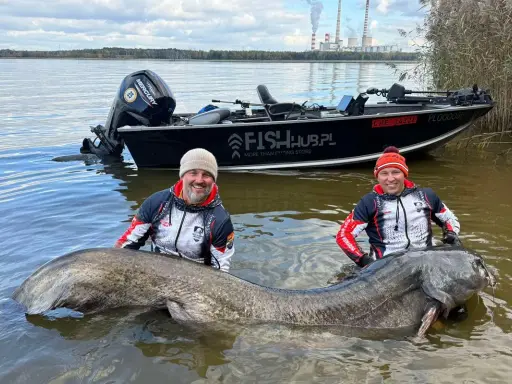 Dwóch wędkarzy z gigantycznym sumem w wodzie. Pytanie brzmi: jaki haczyk na suma pozwolił wyciągnąć taką rybę?