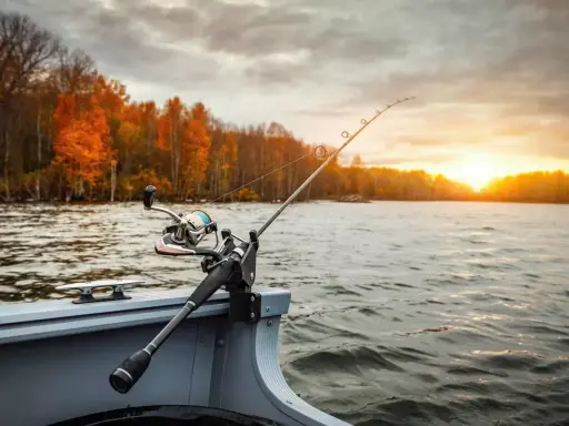 Wędka na grunt w łodzi, jesienny krajobraz i zachód słońca. Idealna na spokojne łowienie.