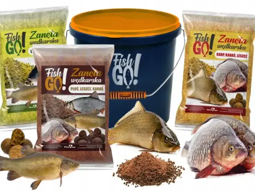 Zestaw zanęt wędkarskich Fish GO! z wizerunkami ryb i kulkami proteinowymi. Idealne na karpia, płoć i leszcza.