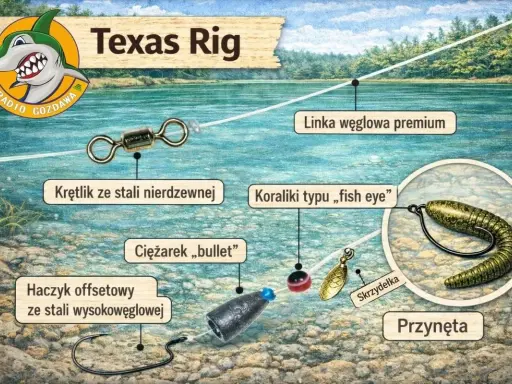 Ilustracja schematyczna zestawu Texas Rig z przynętą, haczykiem, ciężarkiem i krętlikiem.