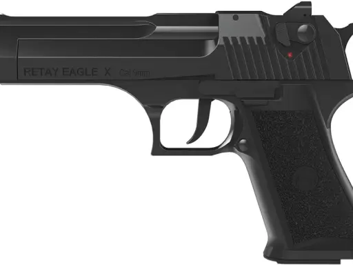 Czarny pistolet Retay Eagle X Cal 9mm, przypominający wyglądem model Desert Eagle, często kojarzony ze stalkerami.