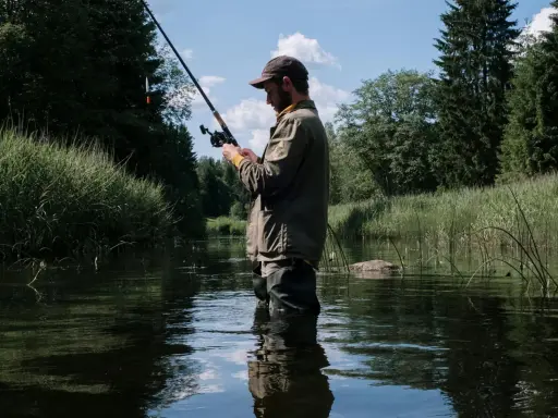 Wędkarz w wodzie, z wędką w ręku, czeka na branie w spokojnym jeziorze rokola. Otaczają go bujna zieleń i błękitne niebo.