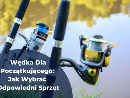 Dwie wędki z kołowrotkami na tle wody i zieleni.