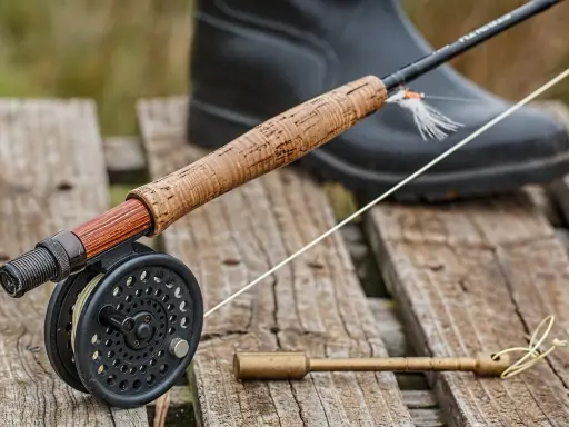 Wędka muchowa z kołowrotkiem i przynętą, gotowa na szczupaka.