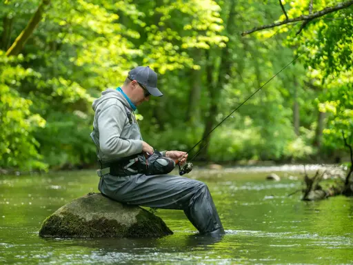 Wędkarz siedzi na kamieniu w zielonej wodzie, przygotowując sprzęt. Spokój nad zalewem Jaraczewo.