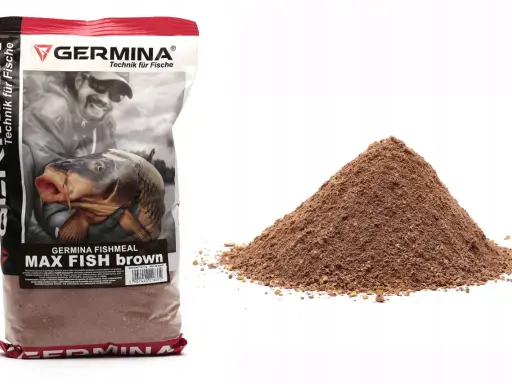 Zanęty Germina opinie: worek zanęty Max Fishmeal Brown i stożek brązowej zanęty na białym tle.
