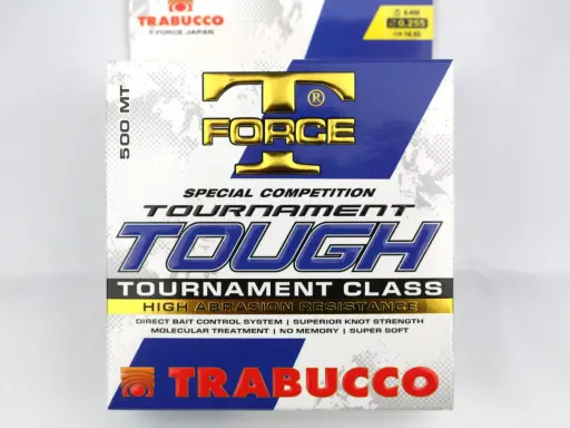 Opakowanie żyłki wędkarskiej Trabucco Tournament Tough 500 MT, z napisem "T-Force Japan" i logo.