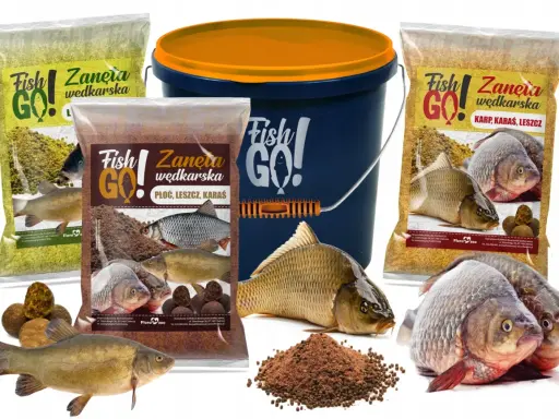 Zestaw zanęty wędkarskiej Fish Go! z różnymi rodzajami ryb i wiaderkiem.