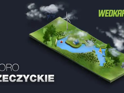 Wizualizacja jeziora Przeczyckiego z domkami, żaglówką, wiatrakiem i budynkami. W tle burzowe chmury.