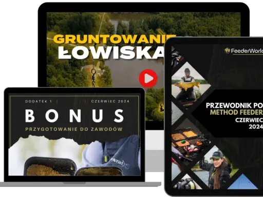 Trzy ekrany z grafikami wędkarskimi: laptop, tablet i monitor z widokiem na łowisko.