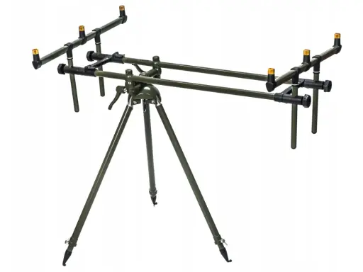 Solidny, zielony rod pod z trzema nogami, idealny do stabilnego ustawienia wędki.
